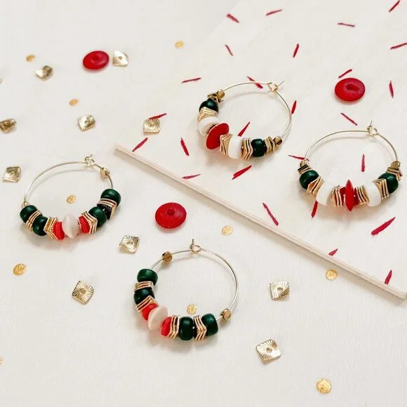 Boho Hoop Earrings Green Stone Beaded Gold Hoops Coral Ivory | Artisan Style - Picture 7 of 10